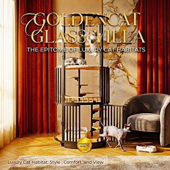 Golden Cat Luxury Panoramic Glass Cat Villa & Indoor Cat House 80×80×188 cm | Premium Elm Wood Multi-Level Cat Cage Cabinet with Tempered Glass, Climbing Platforms, Soft Ladders & Scratching Areas