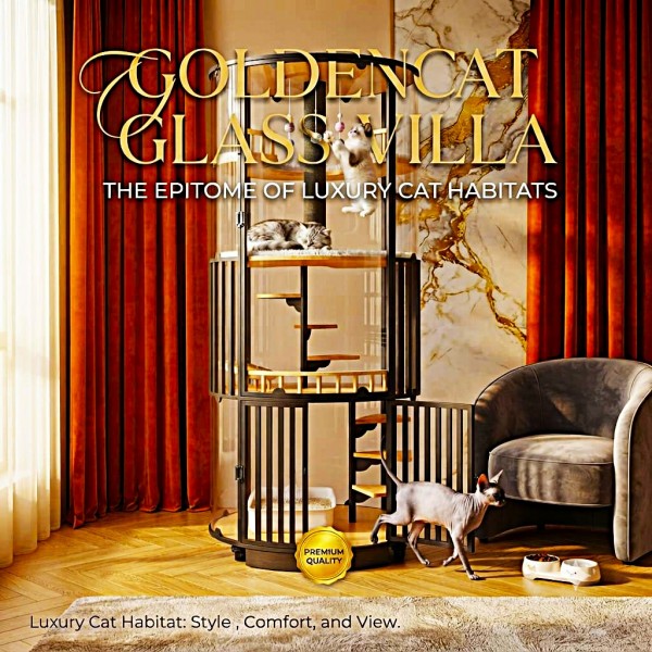 Golden Cat Luxury Panoramic Glass Cat Villa & Indoor Cat House 80×80×188 cm | Premium Elm Wood Multi-Level Cat Cage Cabinet with Tempered Glass, Climbing Platforms, Soft Ladders & Scratching Areas
