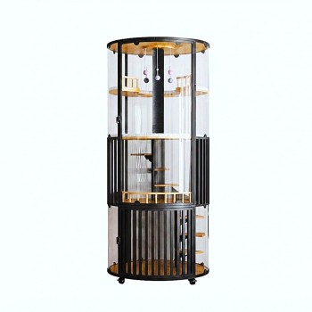 Golden Cat Luxury Panoramic Glass Cat Villa & Indoor Cat House 80×80×188 cm | Premium Elm Wood Multi-Level Cat Cage Cabinet with Tempered Glass, Climbing Platforms, Soft Ladders & Scratching Areas