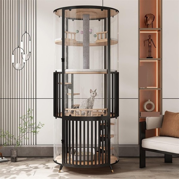 Golden Cat Luxury Panoramic Glass Cat Villa & Indoor Cat House 80×80×188 cm | Premium Elm Wood Multi-Level Cat Cage Cabinet with Tempered Glass, Climbing Platforms, Soft Ladders & Scratching Areas
