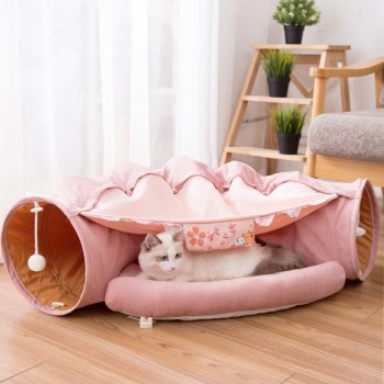 Beauenty Cat Toy Collapsible Tunnel Bed Comfortable Cave, Round Hug and Snuggle Hole Pet Nest Bed Channel Detachable Cover Suitable for Kittens-Free 2 Rotating Catnip Balls ( PINK )