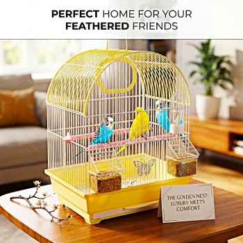 Golden Cat Premium Yellow Bird Cage 30 x 26 x 38 cm – Decorative Small Bird Cage with Removable Cleaning Tray, 2 Feeding Cups, 2 Wooden Perches, Secure Lock Door & Carry Handle for Budgies, Lovebirds, Finches, Canaries & Small Birds