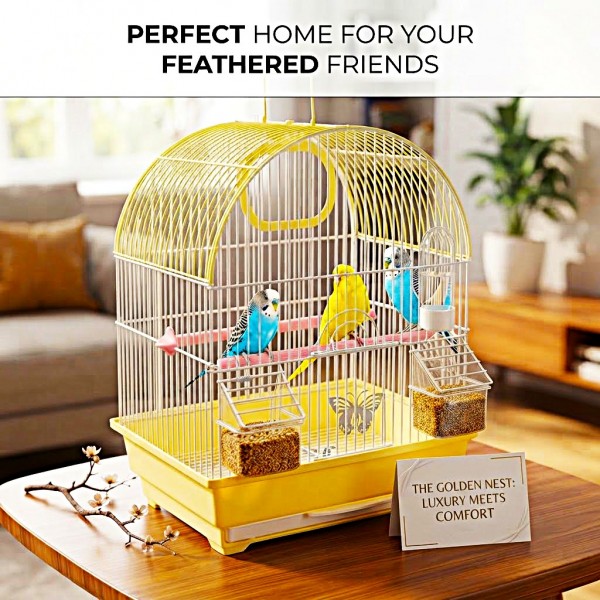 Golden Cat Premium Yellow Bird Cage 30 x 26 x 38 cm – Decorative Small Bird Cage with Removable Cleaning Tray, 2 Feeding Cups, 2 Wooden Perches, Secure Lock Door & Carry Handle for Budgies, Lovebirds, Finches, Canaries & Small Birds