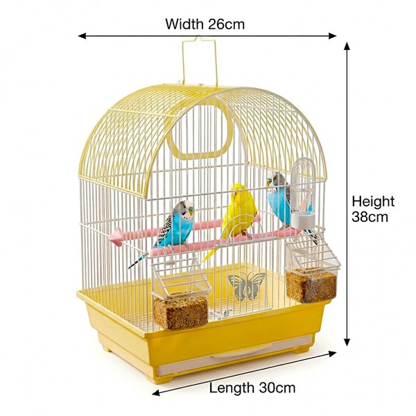Golden Cat Premium Yellow Bird Cage 30 x 26 x 38 cm – Decorative Small Bird Cage with Removable Cleaning Tray, 2 Feeding Cups, 2 Wooden Perches, Secure Lock Door & Carry Handle for Budgies, Lovebirds, Finches, Canaries & Small Birds