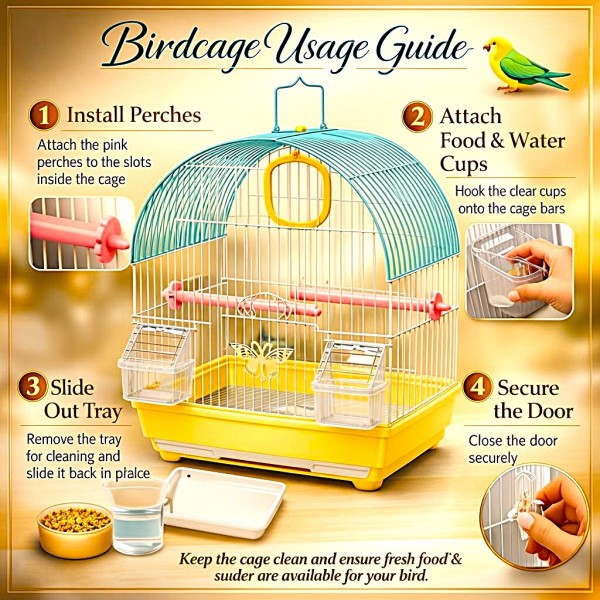 Golden Cat Premium Yellow Bird Cage 30 x 26 x 38 cm – Decorative Small Bird Cage with Removable Cleaning Tray, 2 Feeding Cups, 2 Wooden Perches, Secure Lock Door & Carry Handle for Budgies, Lovebirds, Finches, Canaries & Small Birds