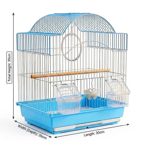 Golden Cat Premium Aviary Bird Cage (Blue) 30x26x39 cm – Hanging Round Decorative Bird Cage with Slide-Out Cleaning Tray, External Feeder Cups & Activity Ring for Finches, Canaries & Budgies