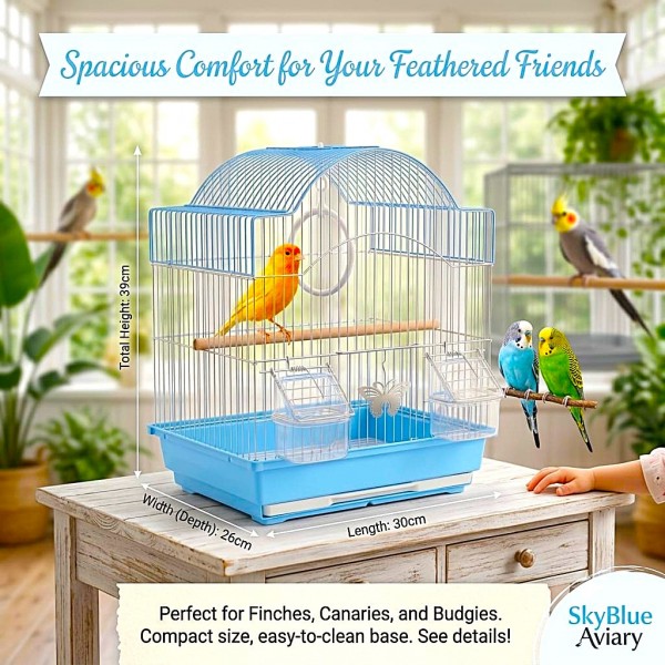 Golden Cat Premium Aviary Bird Cage (Blue) 30x26x39 cm – Hanging Round Decorative Bird Cage with Slide-Out Cleaning Tray, External Feeder Cups & Activity Ring for Finches, Canaries & Budgies