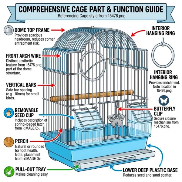 Golden Cat Premium Aviary Bird Cage (Blue) 30x26x39 cm – Hanging Round Decorative Bird Cage with Slide-Out Cleaning Tray, External Feeder Cups & Activity Ring for Finches, Canaries & Budgies