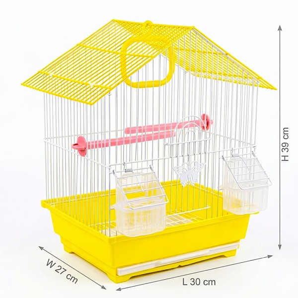 Golden Cat Premium House-Shaped Bird Cage for Budgies, Parrots & Cockatiels – Durable Powder-Coated Wire Cage with Removable Slide-Out Tray, 2 Adjustable Perches & 2 External Feeding Cups – Yellow Base, Easy Clean Indoor Aviary, L30 x W27 x H39 cm