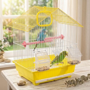 Golden Cat Premium House-Shaped Bird Cage for Budgies, Parrots & Cockatiels – Durable Powder-Coated Wire Cage with Removable Slide-Out Tray, 2 Adjustable Perches & 2 External Feeding Cups – Yellow Base, Easy Clean Indoor Aviary, L30 x W27 x H39 cm