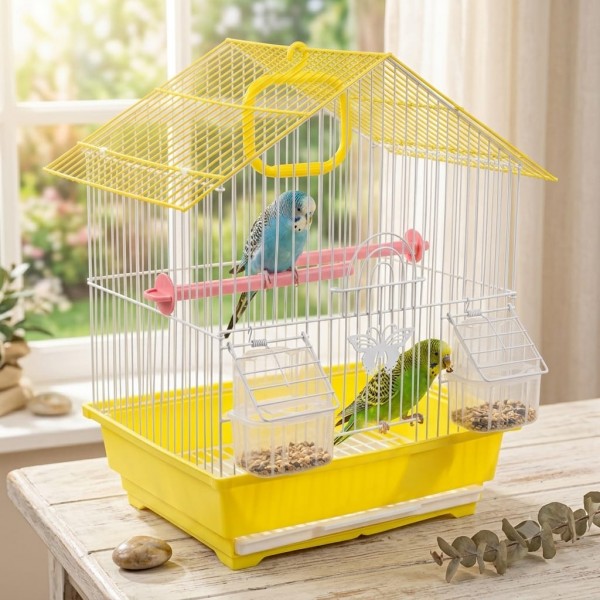 Golden Cat Premium House-Shaped Bird Cage for Budgies, Parrots & Cockatiels – Durable Powder-Coated Wire Cage with Removable Slide-Out Tray, 2 Adjustable Perches & 2 External Feeding Cups – Yellow Base, Easy Clean Indoor Aviary, L30 x W27 x H39 cm