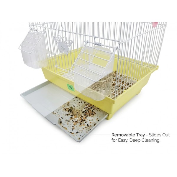 Golden Cat Premium House-Shaped Bird Cage for Budgies, Parrots & Cockatiels – Durable Powder-Coated Wire Cage with Removable Slide-Out Tray, 2 Adjustable Perches & 2 External Feeding Cups – Yellow Base, Easy Clean Indoor Aviary, L30 x W27 x H39 cm