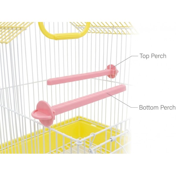Golden Cat Premium House-Shaped Bird Cage for Budgies, Parrots & Cockatiels – Durable Powder-Coated Wire Cage with Removable Slide-Out Tray, 2 Adjustable Perches & 2 External Feeding Cups – Yellow Base, Easy Clean Indoor Aviary, L30 x W27 x H39 cm