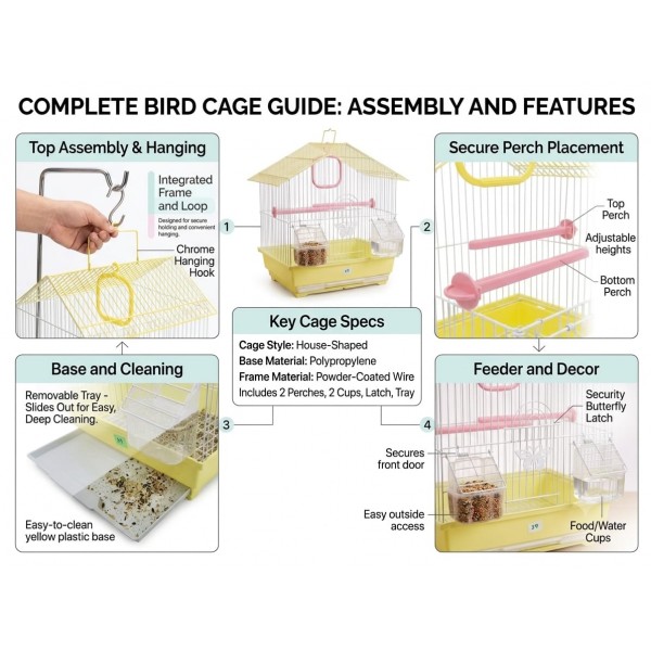 Golden Cat Premium House-Shaped Bird Cage for Budgies, Parrots & Cockatiels – Durable Powder-Coated Wire Cage with Removable Slide-Out Tray, 2 Adjustable Perches & 2 External Feeding Cups – Yellow Base, Easy Clean Indoor Aviary, L30 x W27 x H39 cm