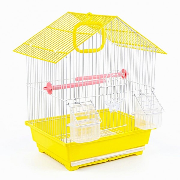 Golden Cat Premium House-Shaped Bird Cage for Budgies, Parrots & Cockatiels – Durable Powder-Coated Wire Cage with Removable Slide-Out Tray, 2 Adjustable Perches & 2 External Feeding Cups – Yellow Base, Easy Clean Indoor Aviary, L30 x W27 x H39 cm