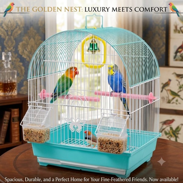 Golden Cat Premium Green Bird Cage 30 x 26 x 38 cm – Decorative Birdcage with Removable Cleaning Tray, Feeding Cups, Wooden Perches, Secure Lock Door & Carry Handle for Budgies, Lovebirds, Finches, Canaries & Small Birds