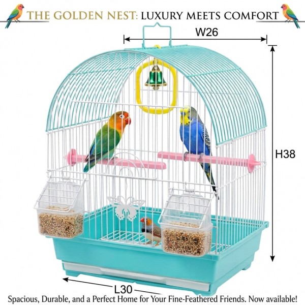 Golden Cat Premium Green Bird Cage 30 x 26 x 38 cm – Decorative Birdcage with Removable Cleaning Tray, Feeding Cups, Wooden Perches, Secure Lock Door & Carry Handle for Budgies, Lovebirds, Finches, Canaries & Small Birds