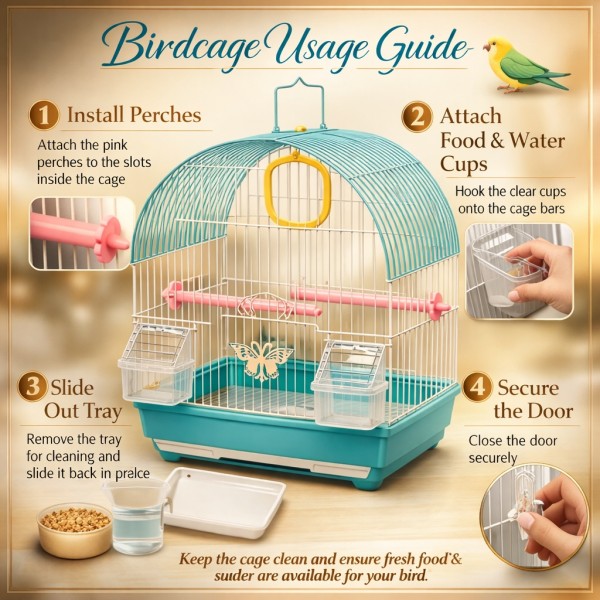 Golden Cat Premium Green Bird Cage 30 x 26 x 38 cm – Decorative Birdcage with Removable Cleaning Tray, Feeding Cups, Wooden Perches, Secure Lock Door & Carry Handle for Budgies, Lovebirds, Finches, Canaries & Small Birds