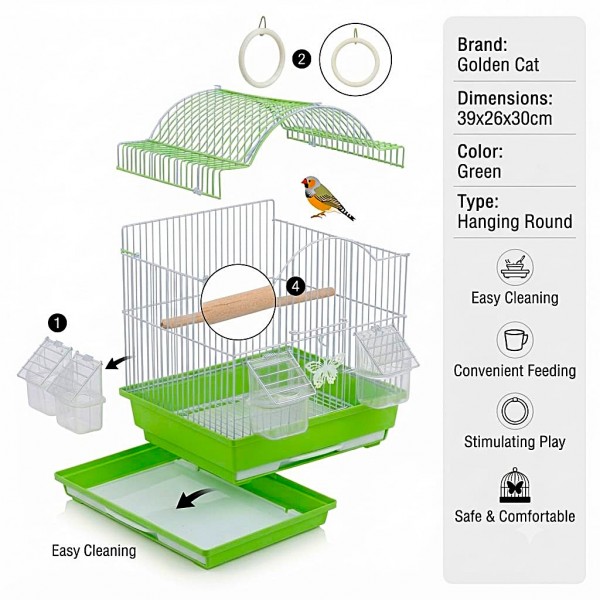 Golden Cat Premium Hanging Bird Cage Green 30 x 26 x 39 cm Round Aviary Cage with Removable Cleaning Tray External Feeder Cups Activity Ring and Wood Perch for Finches Canaries Budgies and Small Birds