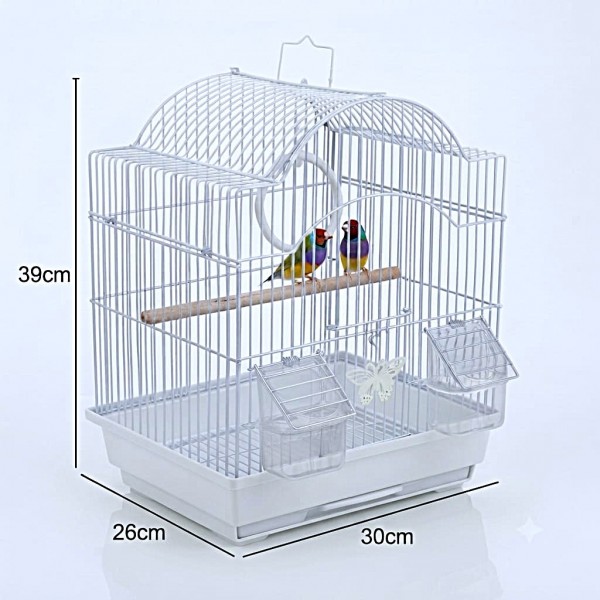 Premium White Decorative Bird Cage 30 x 26 x 39 cm with Arch Roof Play Ring Wooden Perch 2 External Feeders Removable Tray for Finches Canaries Budgies and Small Birds