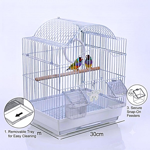 Premium White Decorative Bird Cage 30 x 26 x 39 cm with Arch Roof Play Ring Wooden Perch 2 External Feeders Removable Tray for Finches Canaries Budgies and Small Birds