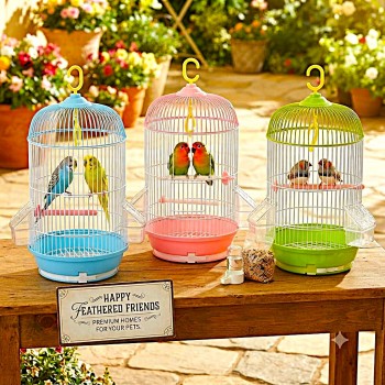 Golden Cat Round Bird Cage for Small Birds, 50cm Hanging Aviary with Adjustable Perches, Detachable Feeders & Removable Tray, Blue & White