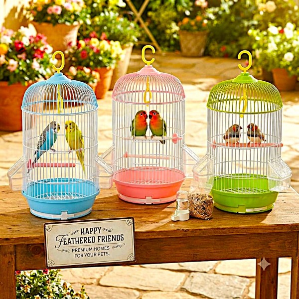 Golden Cat Round Bird Cage for Small Birds, 50cm Hanging Aviary with Adjustable Perches, Detachable Feeders & Removable Tray, Blue & White