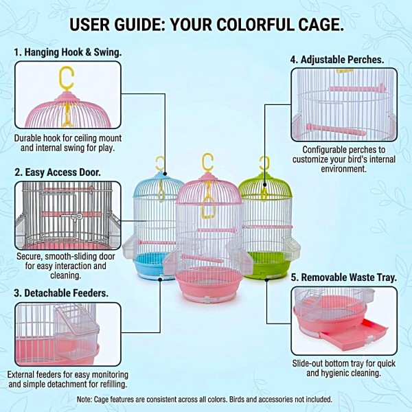 Golden Cat Round Bird Cage for Small Birds, 50cm Hanging Aviary with Adjustable Perches, Detachable Feeders & Removable Tray, Blue & White
