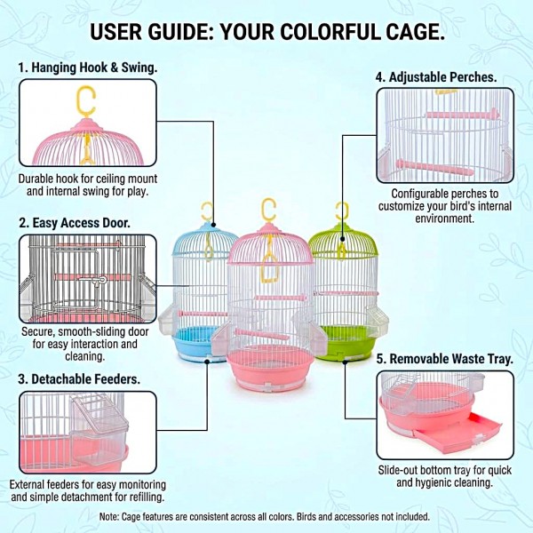 Golden Cat Round Bird Cage for Small Birds Pink and White 50 cm Hanging Cage with Adjustable Perches Detachable Feeders and Removable Tray