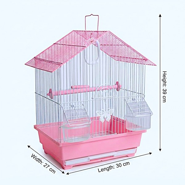 Golden Cat Premium House-Shaped Bird Cage for Budgies, Parrots & Cockatiels, Durable Powder-Coated Wire Cage with Removable Tray, 2 Adjustable Perches & 2 External Feeding Cups, Pink & White, L30 x W27 x H39 cm