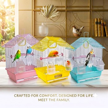 Golden Cat Premium House-Shaped Bird Cage for Budgies, Parrots & Cockatiels, Durable Powder-Coated Wire Cage with Removable Tray, 2 Adjustable Perches & 2 External Feeding Cups, Pink & White, L30 x W27 x H39 cm