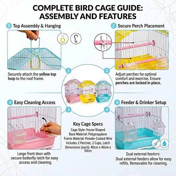 Golden Cat Premium House-Shaped Bird Cage for Budgies, Parrots & Cockatiels, Durable Powder-Coated Wire Cage with Removable Tray, 2 Adjustable Perches & 2 External Feeding Cups, Pink & White, L30 x W27 x H39 cm