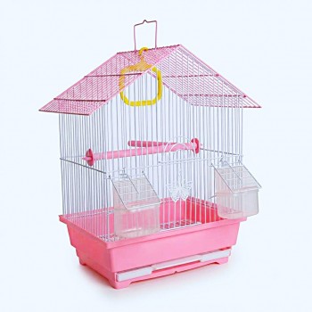 Golden Cat Premium House-Shaped Bird Cage for Budgies, Parrots & Cockatiels, Durable Powder-Coated Wire Cage with Removable Tray, 2 Adjustable Perches & 2 External Feeding Cups, Pink & White, L30 x W27 x H39 cm