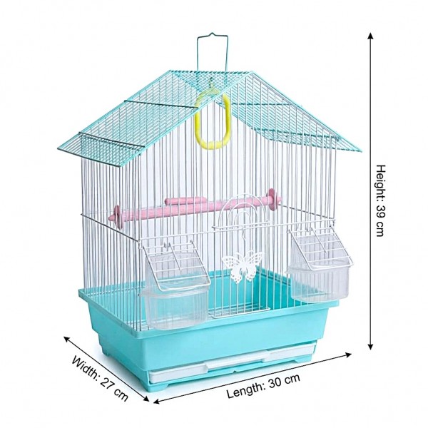 Golden Cat Premium House-Shaped Bird Cage for Budgies, Parakeets, Lovebirds & Small Cockatiels, Durable Powder-Coated Wire Cage with Removable Tray, 2 Adjustable Perches & 2 External Feeding Cups, Light Blue & White, L30 x W27 x H39 cm
