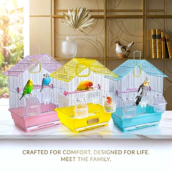 Golden Cat Premium House-Shaped Bird Cage for Budgies, Parakeets, Lovebirds & Small Cockatiels, Durable Powder-Coated Wire Cage with Removable Tray, 2 Adjustable Perches & 2 External Feeding Cups, Light Blue & White, L30 x W27 x H39 cm