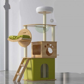 Cat tree-150cm Cat tower-Cat tree for indoor cats  Transparent space capsule, Plush jumping platform ( Green )
