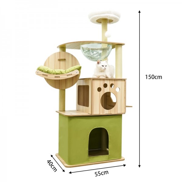 Cat tree-150cm Cat tower-Cat tree for indoor cats  Transparent space capsule, Plush jumping platform ( Green )