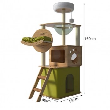 Cat tree-150cm Cat tower-Cat tree for indoor cats  Transparent space capsule, Plush jumping platform ( Green )