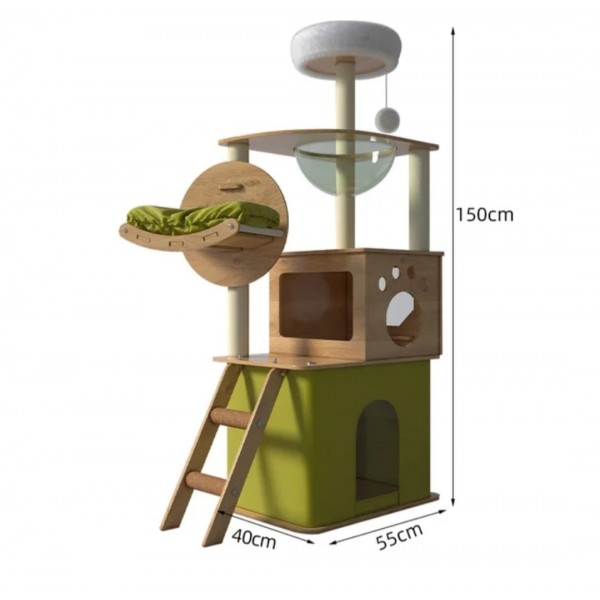 Cat tree-150cm Cat tower-Cat tree for indoor cats  Transparent space capsule, Plush jumping platform ( Green )