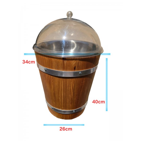 Multifunction Rustic Wooden Display Bucket with Clear Dome Lid & Stainless Steel Insert – Ice Bucket, Wine & Champagne Chiller, Food Storage & Grain Display Container for Retail, Home & Outdoor Use (35 x 35 x 50 cm, 20L)