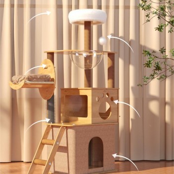 Cat tree-150cm Cat tower-Cat tree for indoor cats  Transparent space capsule, Plush jumping platform ( Brown )