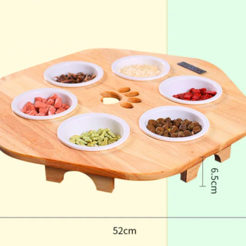 Solid wood cat bowl, ceramic bowl, fixed cat food bowl, solid wood frame, dining table to protect cervical spine SIZE : 52 X 52 X 6.5 CM