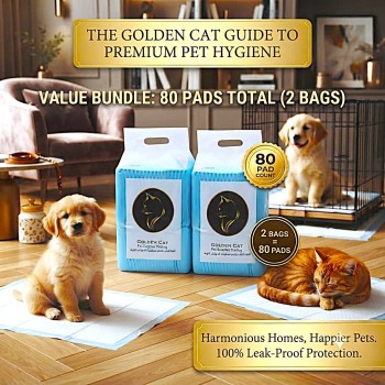Pet Training Pads 80-Pack (2 Bags) 60x60cm – Golden Cat Super Absorbent 5-Layer Puppy Pee Pads, Quick-Dry Surface, Leak-Proof Waterproof Backing, Odour Control for Dogs, Cats, Rabbits & Small Pets