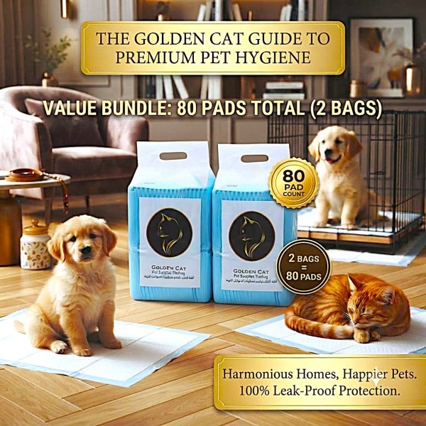 Pet Training Pads 80-Pack (2 Bags) 60x60cm – Golden Cat Super Absorbent 5-Layer Puppy Pee Pads, Quick-Dry Surface, Leak-Proof Waterproof Backing, Odour Control for Dogs, Cats, Rabbits & Small Pets