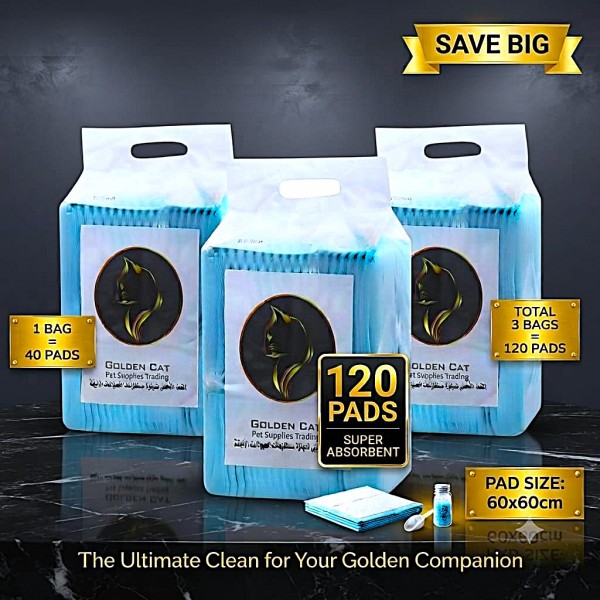 Golden Cat Pet Training Pads 120-Pack (3 Bags) 60x60cm – Super Absorbent 5-Layer Puppy Pee Pads, Quick-Dry Surface, Waterproof Leak-Proof Backing, Odour Control for Dogs, Cats, Rabbits & Small Pets