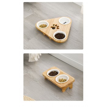 Wooden pet Feeder Table With 3 Bowls, Raised Cat Inclined Food And Water Bowl For Neck Protection  (triangle)