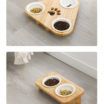 Wooden pet Feeder Table With 3 Bowls, Raised Cat Inclined Food And Water Bowl For Neck Protection  (triangle)