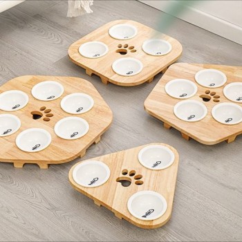 Wooden pet Feeder Table With Bowls, Raised Cat Inclined Food And Water Bowl For Neck Protection (16x16x8)