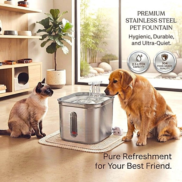 Stainless Steel Pet Water Fountain 2.2L | Automatic Cat & Dog Water Dispenser | 304 Stainless Steel | Ultra-Quiet Pump | Triple Filtration System | BPA-Free | USB Powered | Silver | WF120 Stainless Steel Pet Water Fountain 2.2L | Automatic Cat & Dog Water Dispenser | 304 Stainless Steel | Ultra-Quiet Pump | Triple Filtration System | BPA-Free | USB Powered | Silver | WF120
