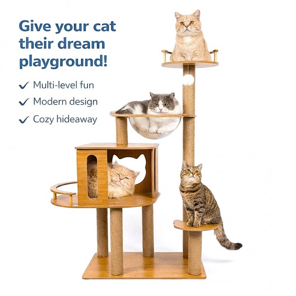 Goldencat Tall Cat Scratching Tree 60x40x135 cm Natural Multi-Level Cat Tower with Sisal Scratching Posts, Condo & Acrylic Space Capsule Bed – Indoor Cat Furniture for Climbing, Scratching & Resting